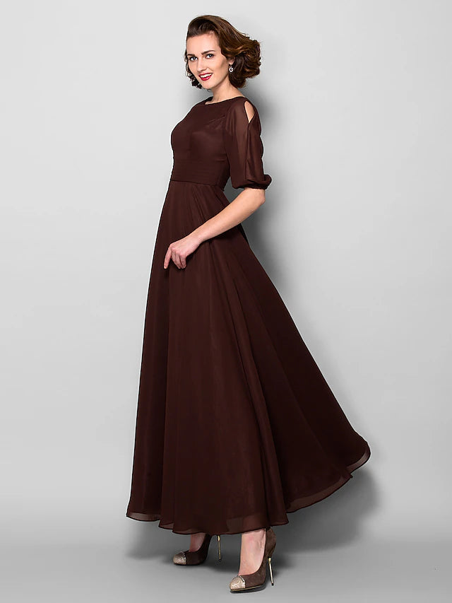 Back view of A-line chiffon dress featuring ruched details.