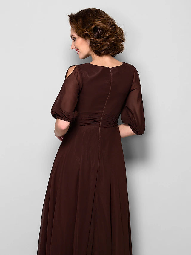 Front view of the A-line formal dress, showcasing its flowing chiffon.