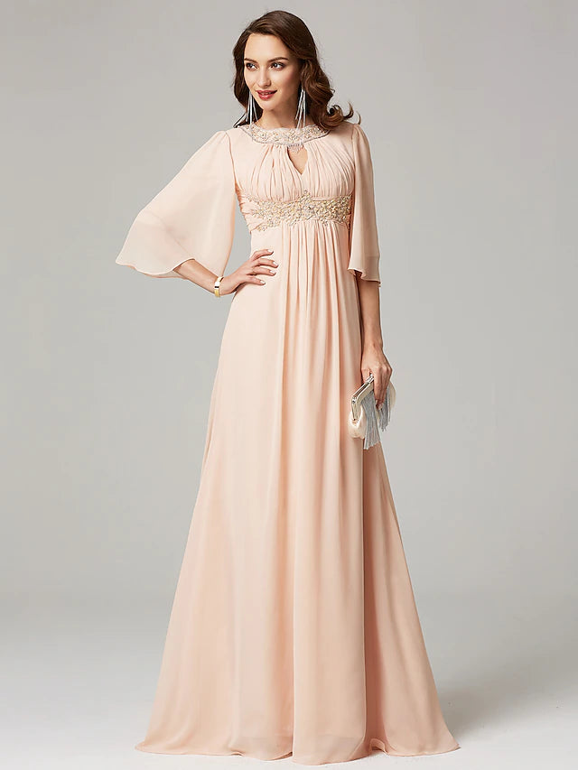 Elegant A-Line Mother of the Bride dress with jewel neck and half sleeves.