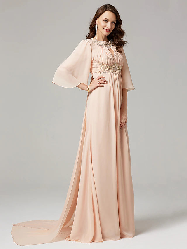 Back view of chiffon A-Line gown showing sweep train and delicate beading.