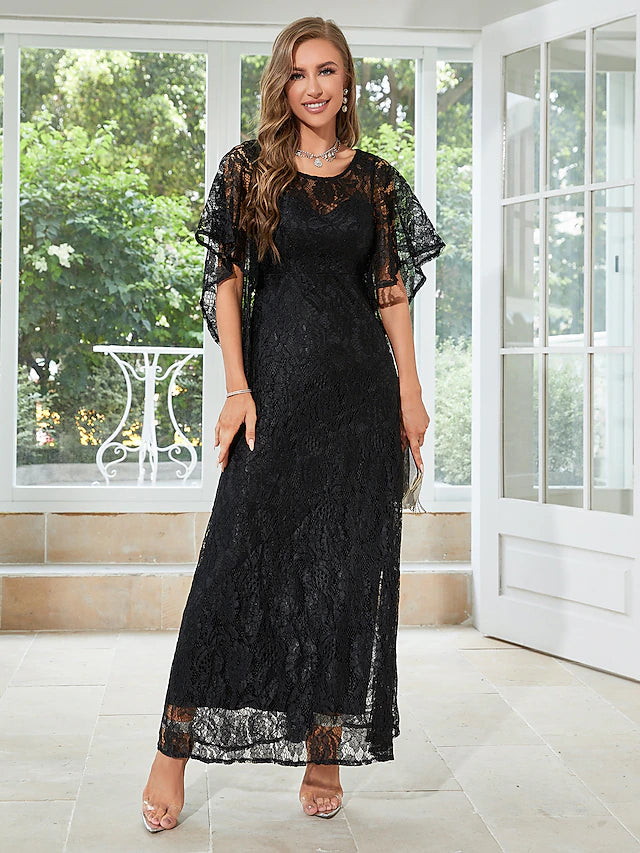 Elegant A-line wedding guest dress with jewel neck and half sleeves.