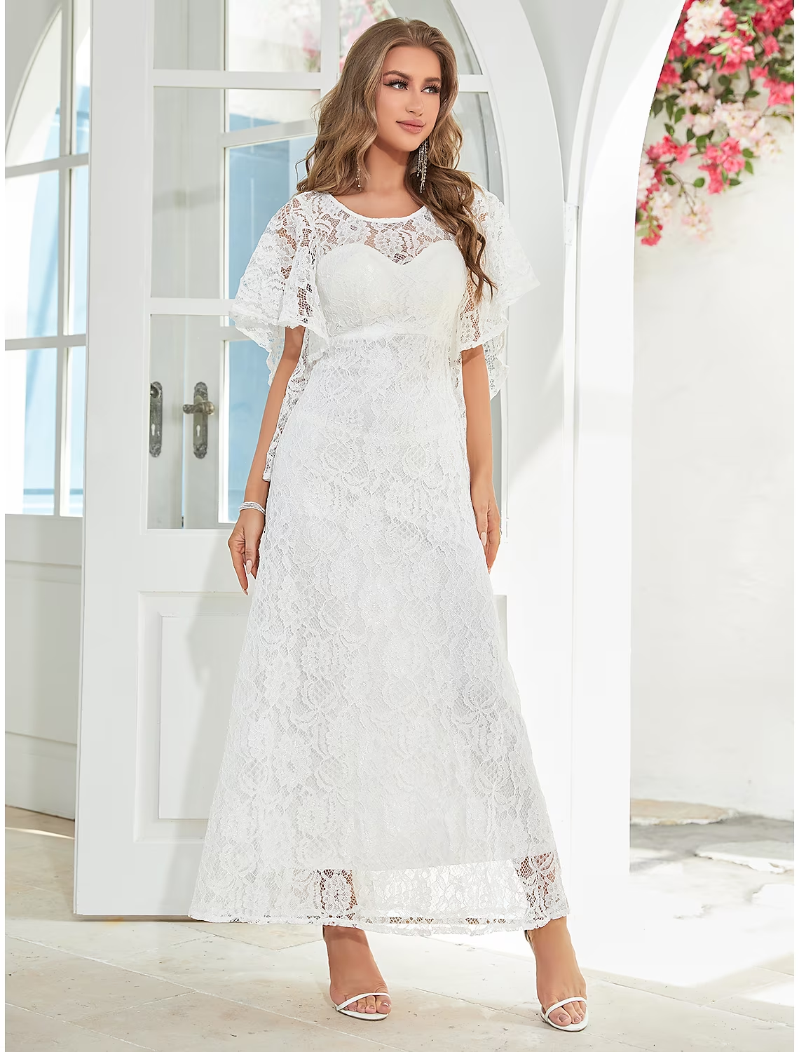 Model wearing the elegant A-line dress, showcasing its ankle length.