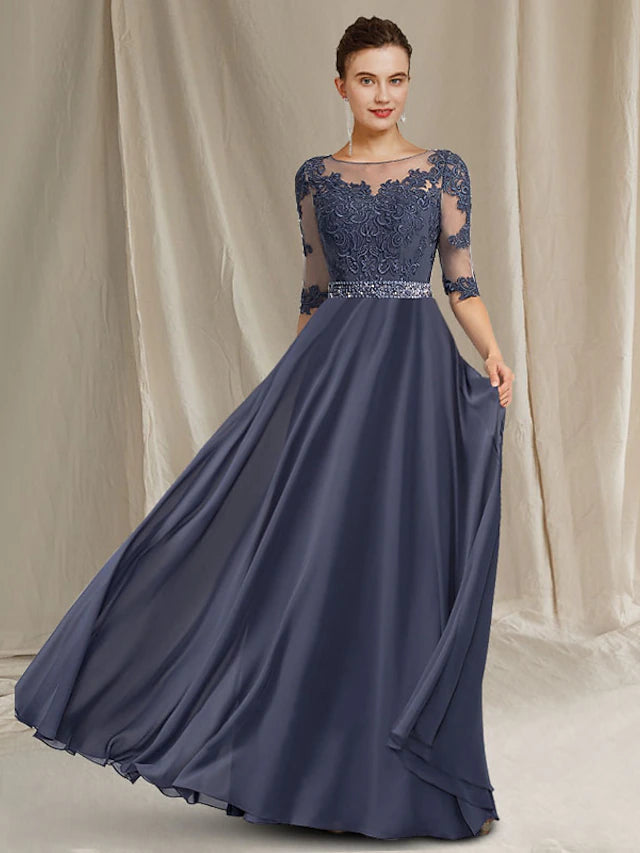 Elegant A-Line Mother of the Bride dress with jewel neck and half sleeves.