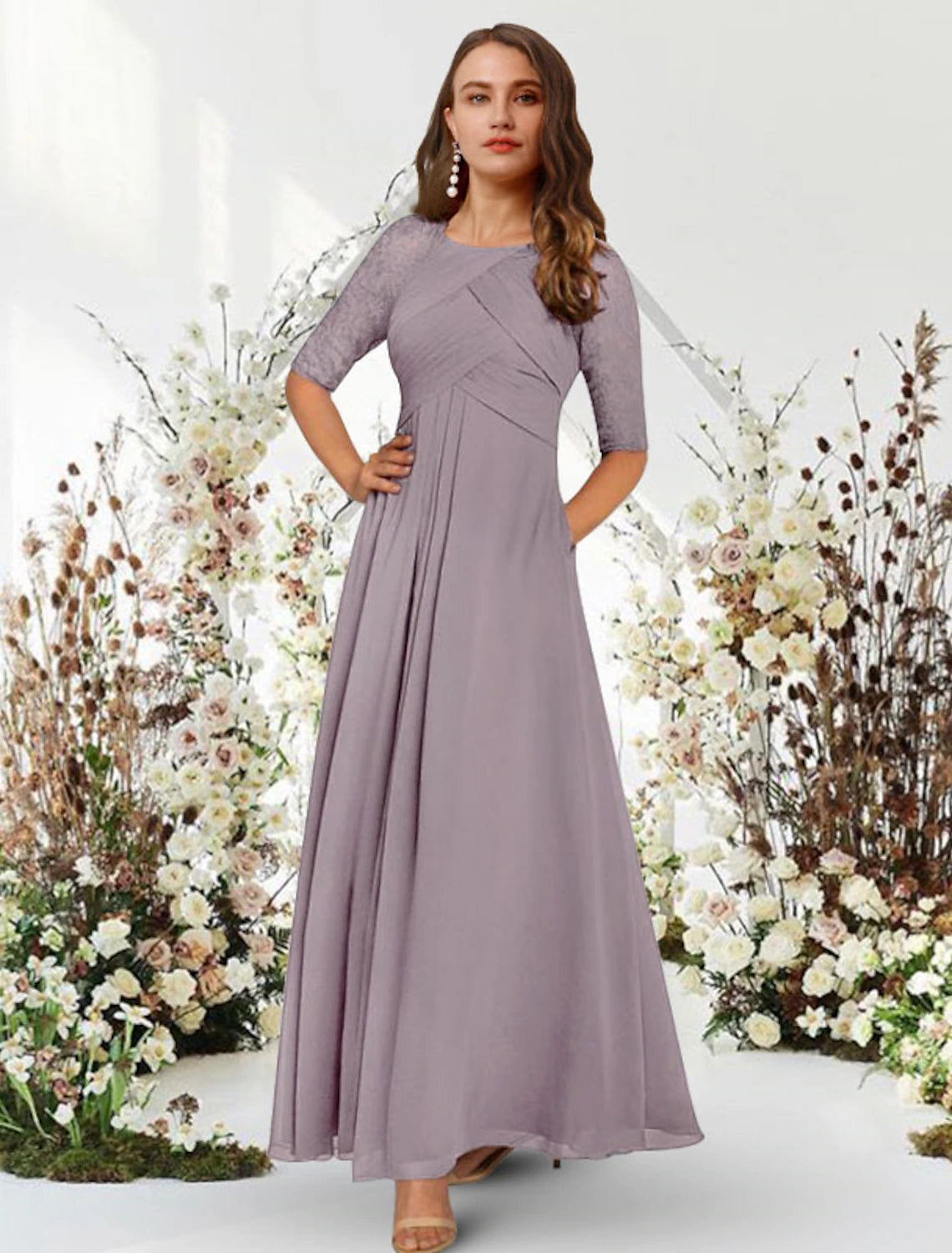 Side profile of A-Line formal dress with half sleeves.