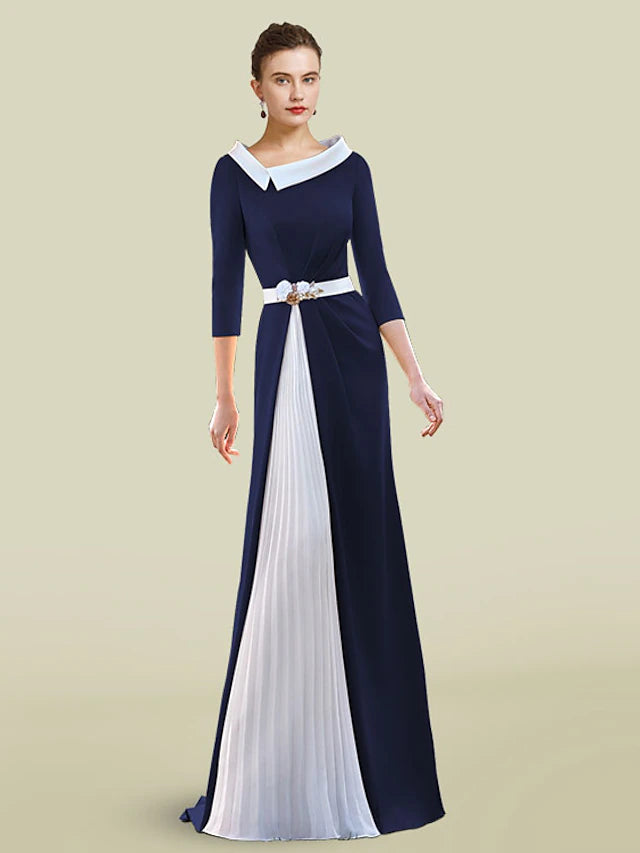 Elegant A-Line Mother of the Bride gown with jewel neck and half sleeves.