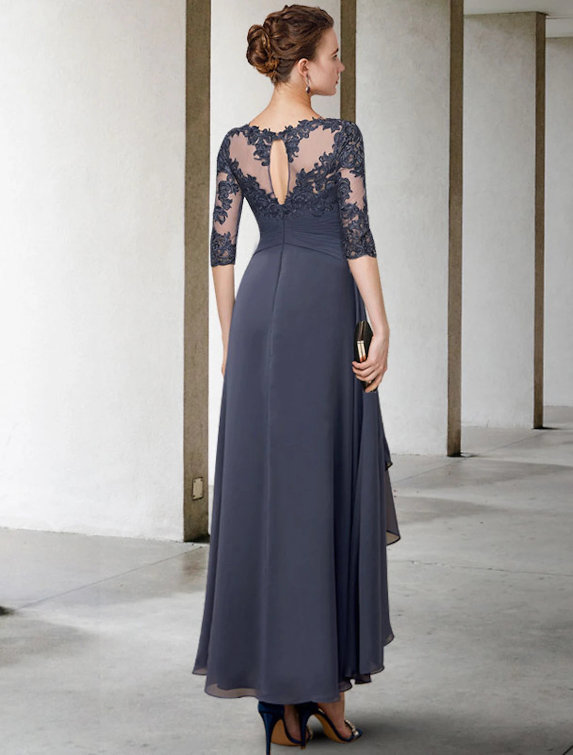 Chiffon and lace formal gown with ruched appliques for fall weddings.