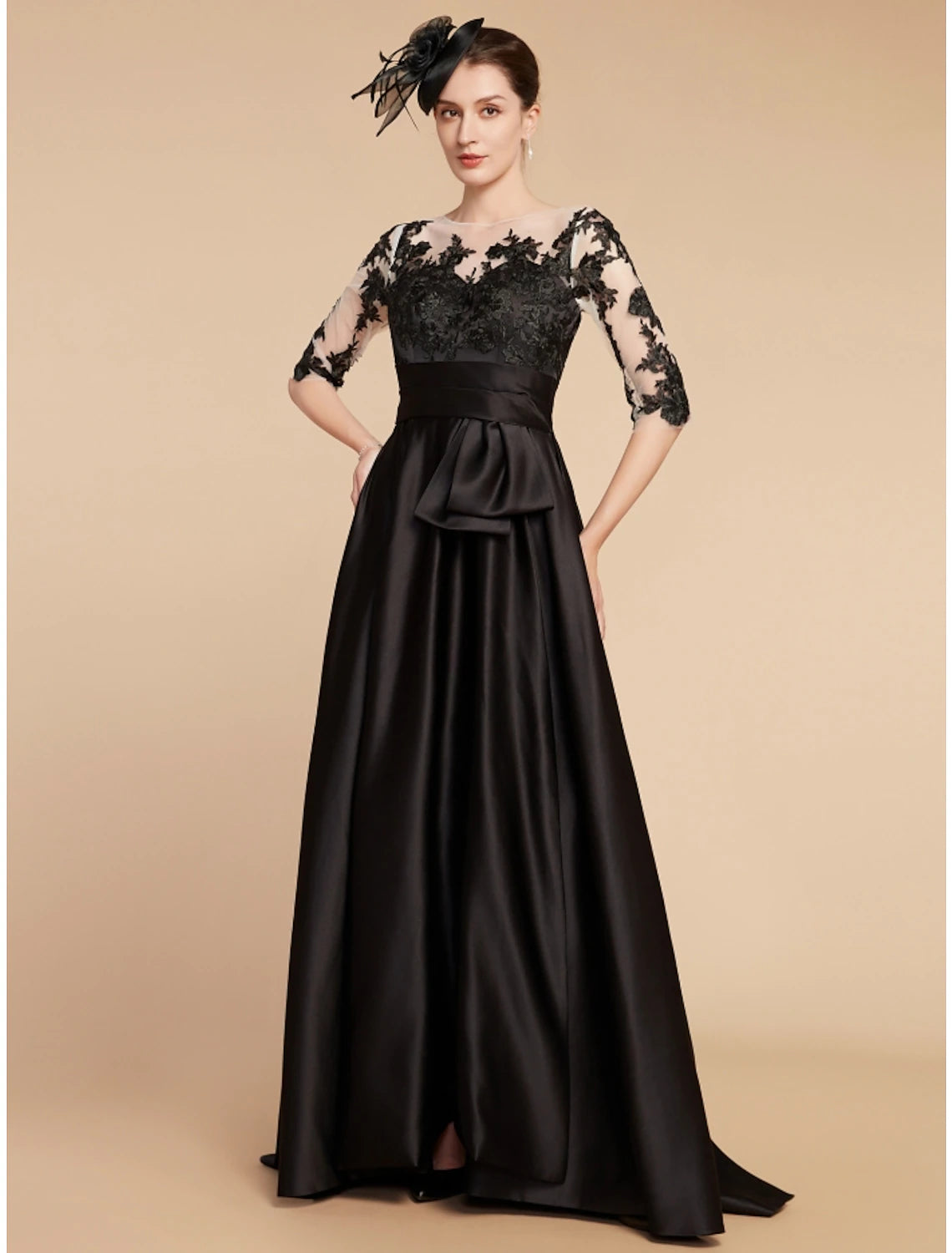 Full length view of the A-line formal dress for wedding guests.