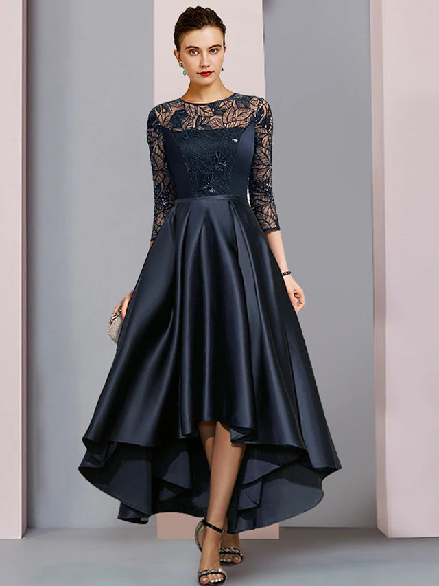 Elegant A-line Mother of the Bride dress with jewel neck and half sleeves.