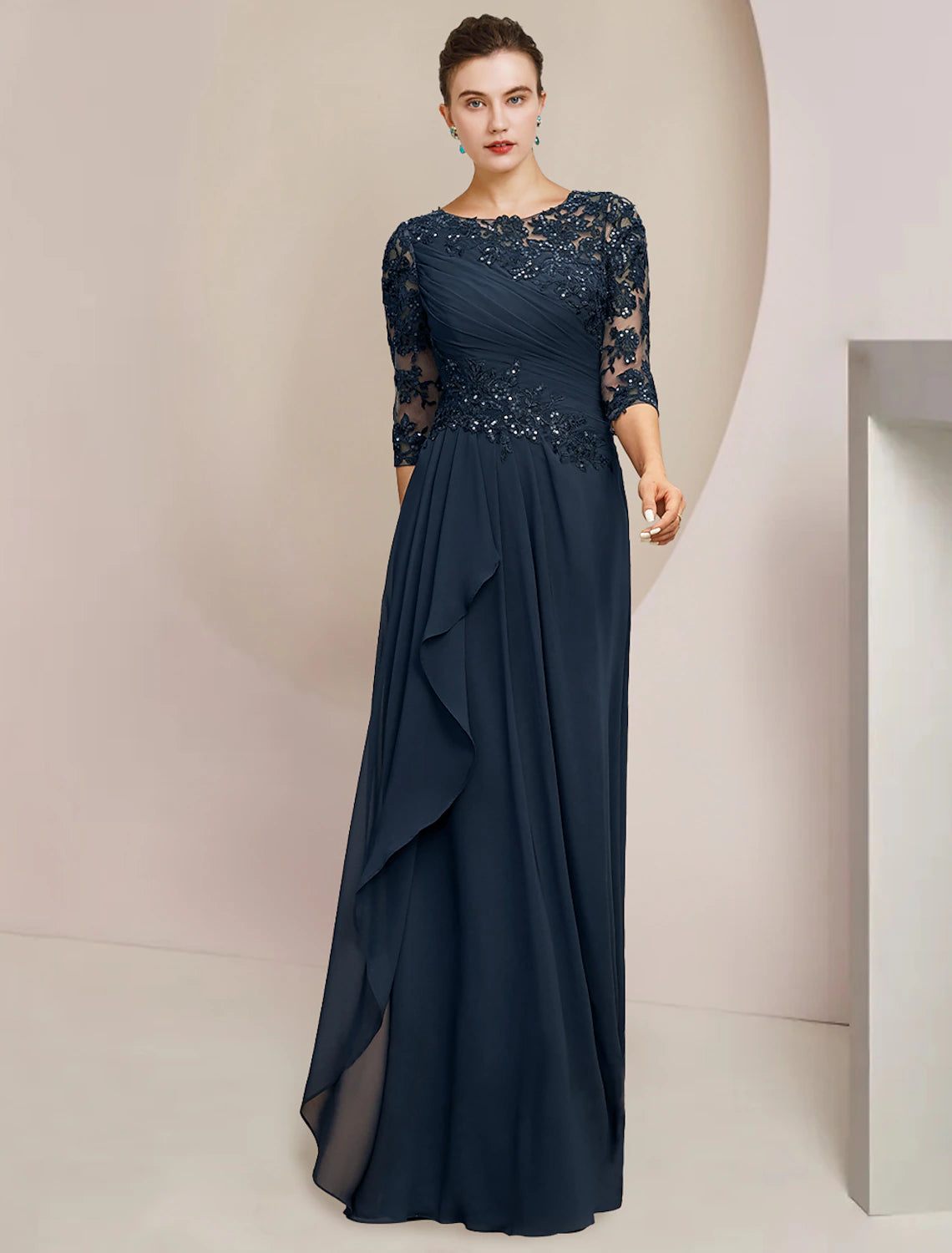 Elegant A-Line jewel neck gown with half sleeves, sequined lace, and floor length.