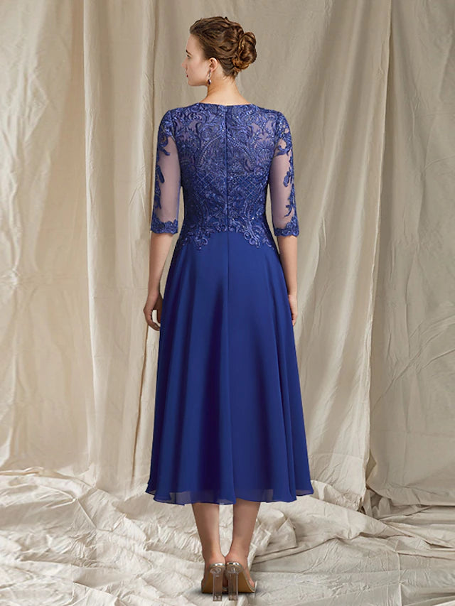 Back view of the A-line tea length gown, showcasing elegant silhouette.