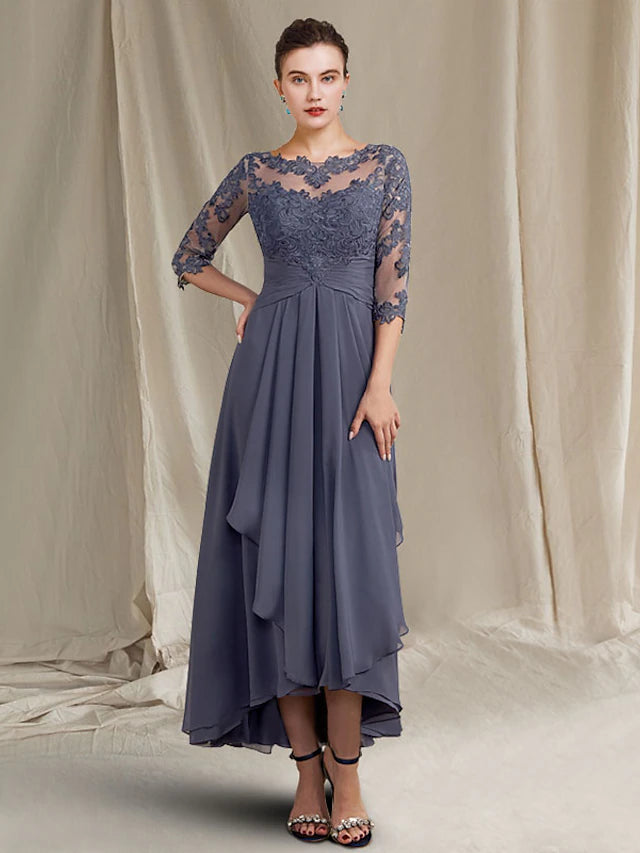 Elegant A-line Mother of the Bride dress with jewel neck and half sleeves.