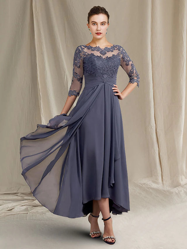 Side view of the plus size high-low tea length chiffon lace dress.