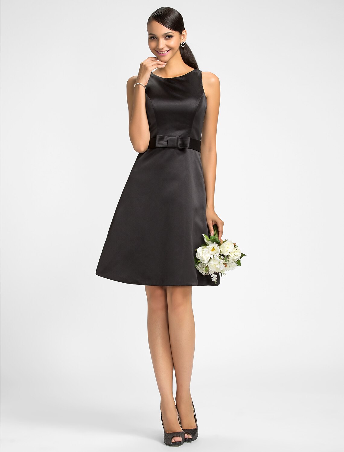 A-line satin bridesmaid dress with jewel neck and knee length, featuring a bow detail.
