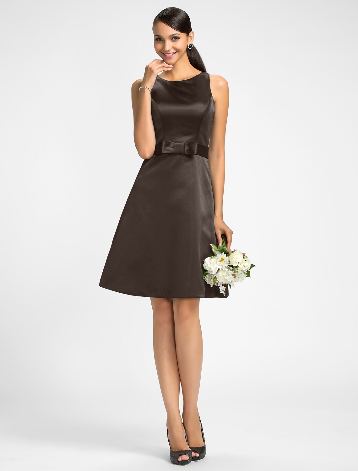 Back view of the A-line satin bridesmaid dress, showing the elegant silhouette.