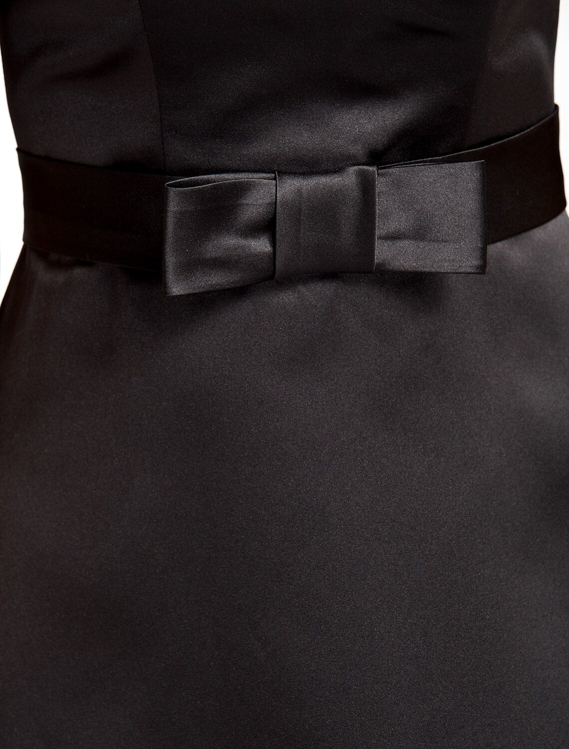 Model wearing the A-line satin bridesmaid dress, showcasing its fit and length.