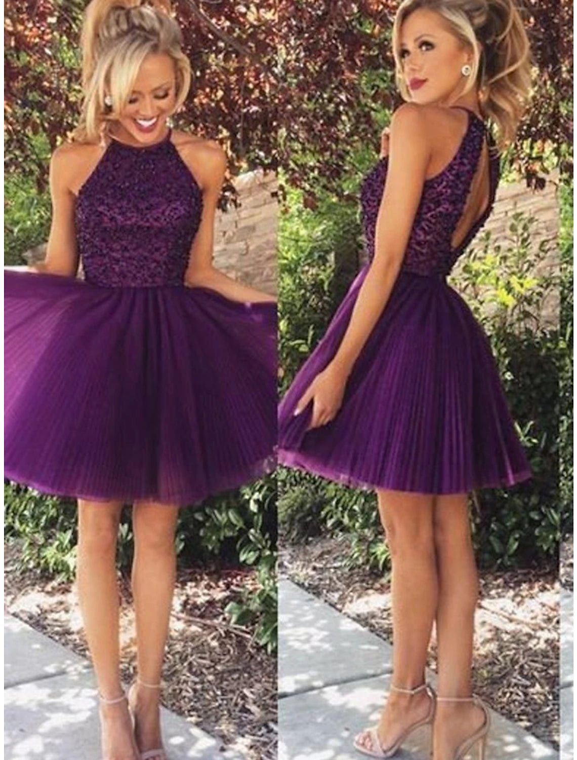 Elegant A-line short cocktail dress with jewel neck, lace back, and delicate beading appliques.