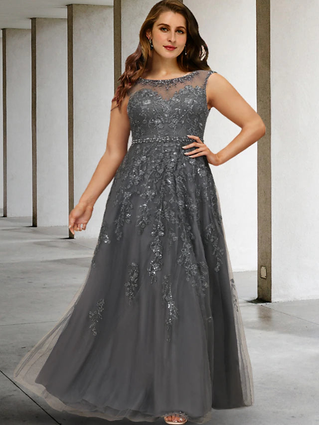 Elegant A-line Mother of the Bride dress with jewel neck and floor length silhouette.