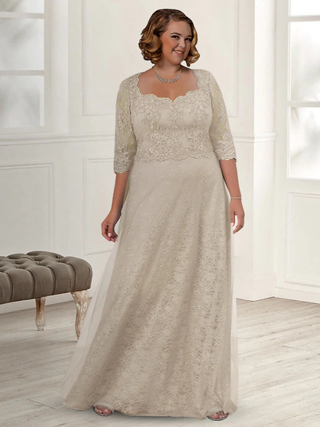 Plus size A-line Mother of the Bride dress with jewel neck and half lace sleeves.