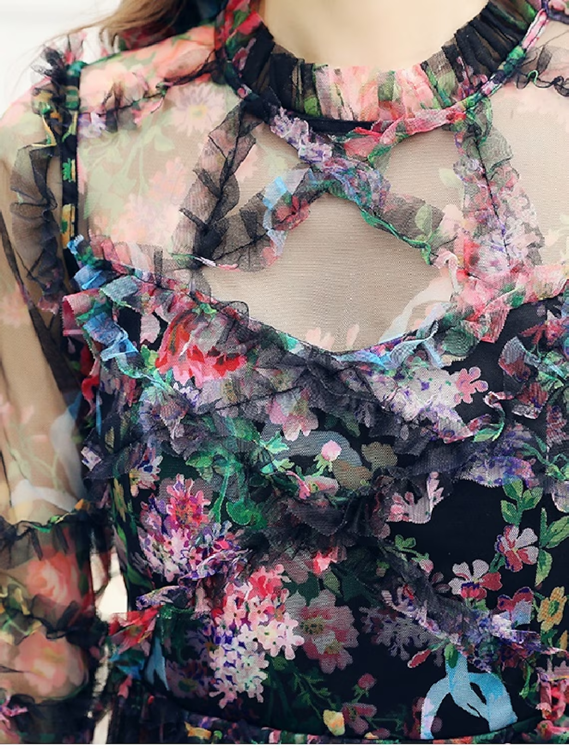 Close-up of floral pattern and ruffle detail on the elegant dress.