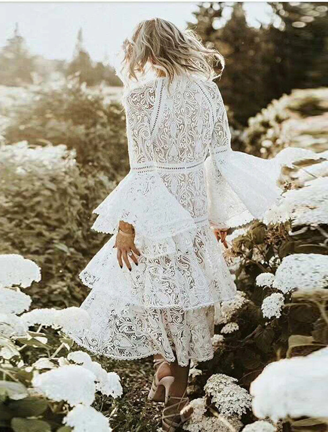 Close-up of lace and ruffle details on an A-Line dress.