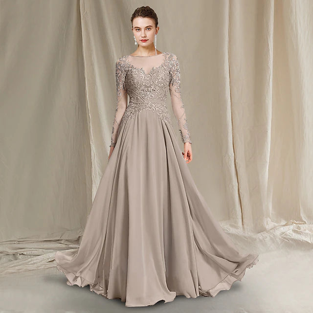 Elegant A-line Mother of the Bride dress with jewel neck and long sleeves.