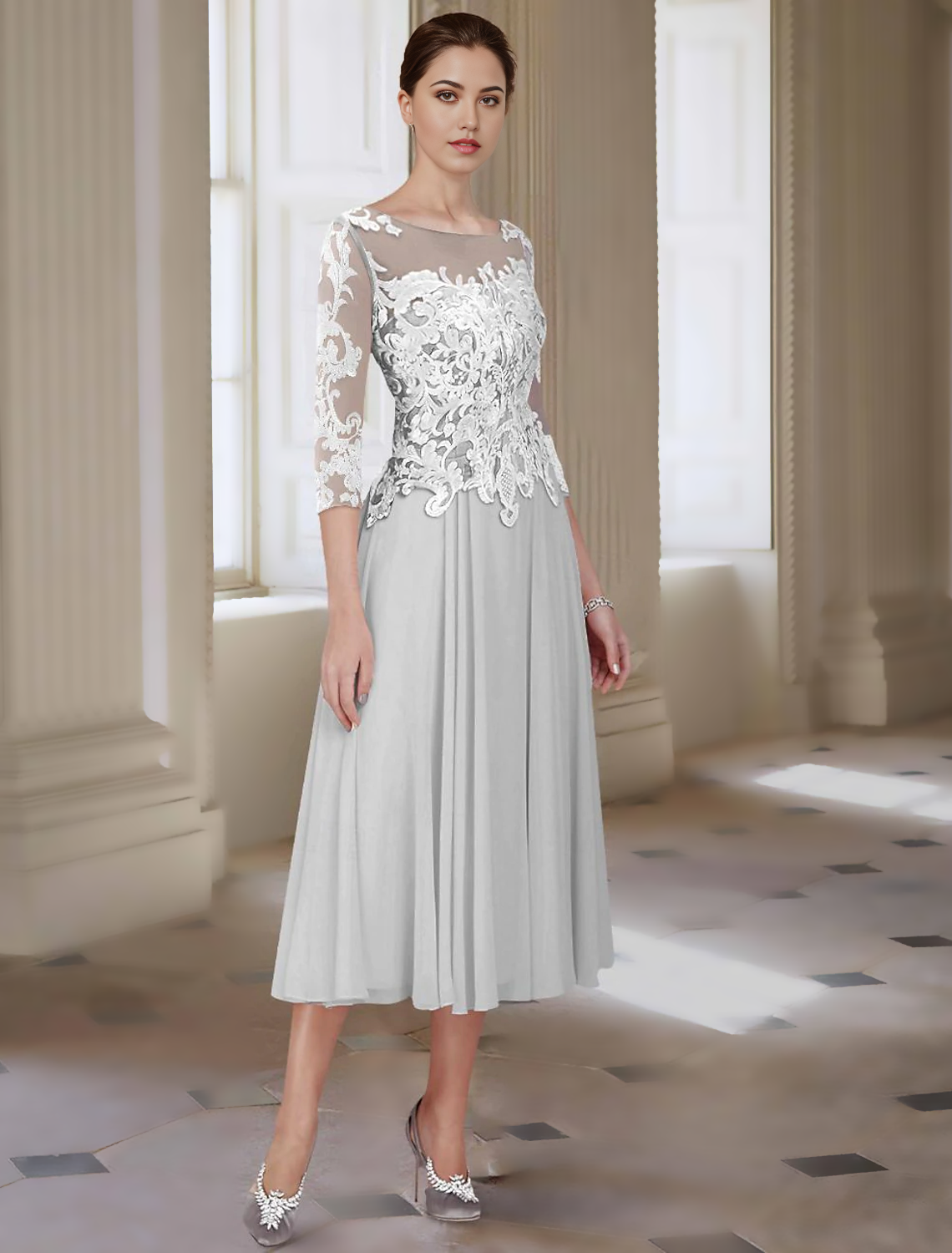 Elegant A-line Mother of the Bride dress in chiffon and lace with jewel neck and 3/4 sleeves.