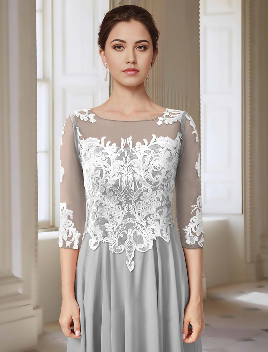 Side view of the elegant A-line dress, highlighting the asymmetrical ankle length hem.