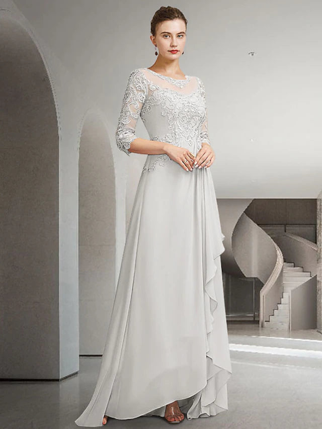 Elegant A-line Mother of the Bride dress with jewel neck and 3/4 sleeves, featuring a high-low chiffon and lace design.