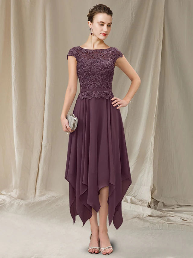 Elegant A-line mother of the bride dress with jewel neck and short sleeves, featuring lace appliques and a high-low tea.