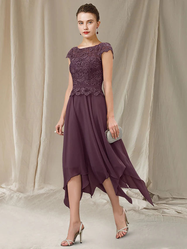Back view of the A-line chiffon and lace dress, showcasing the elegant silhouette and applique details.