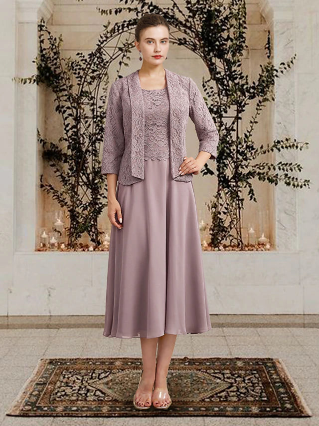 Elegant two-piece A-line Mother of the Bride dress with short lace jacket.