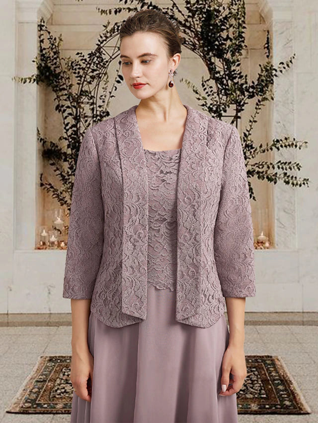 Close-up of the lace jacket and jewel neck on the Mother of the Bride dress.