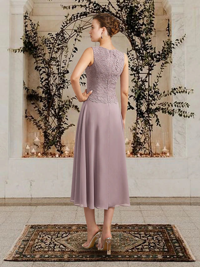 Back view of the A-line chiffon Mother of the Bride dress.