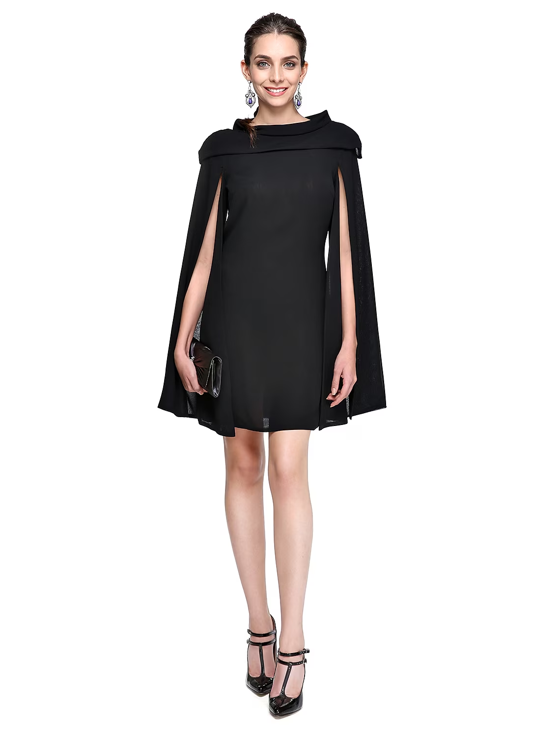 Elegant A-line black mini dress with jewel neck and pleats.