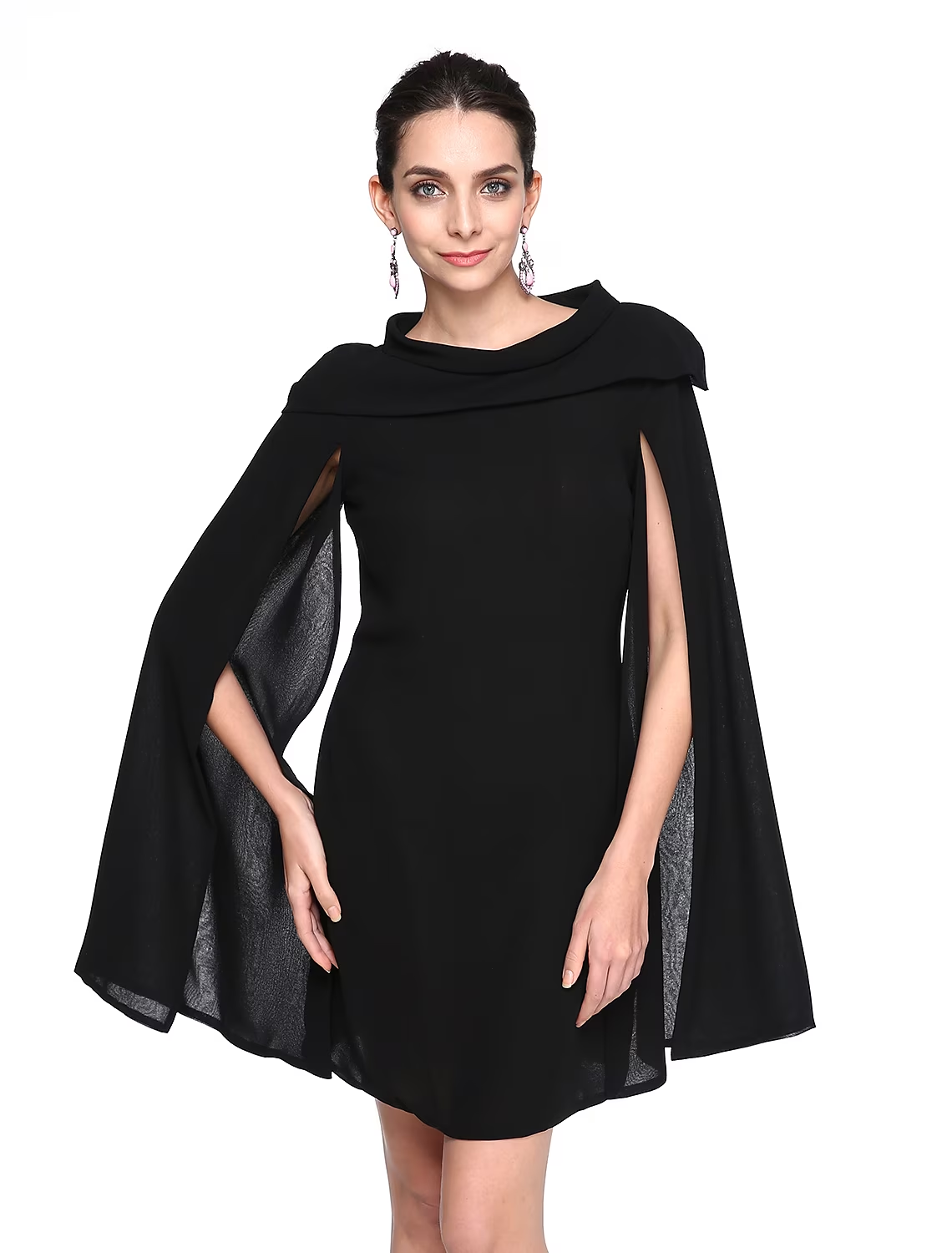 Back view of a black chiffon A-line dress.