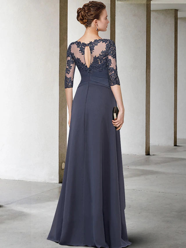 Back view of a floor-length A-line gown with lace appliques.