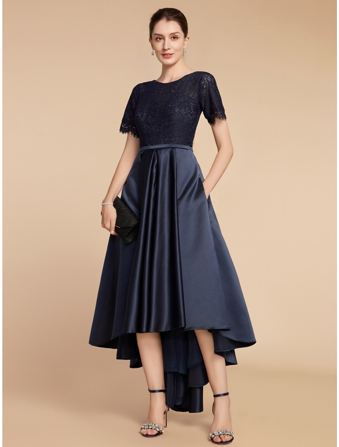 Full length view of a navy A-line dress, ideal for formal occasions.