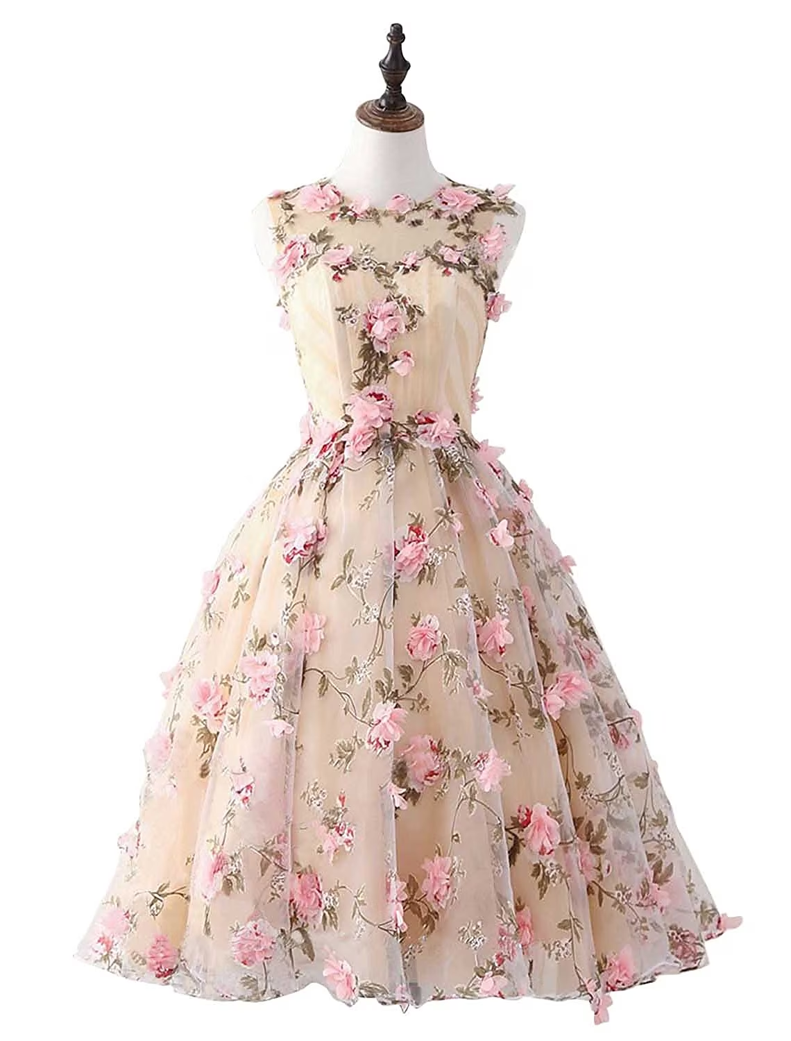 Elegant A-Line jewel neck satin short mini dress with appliques.