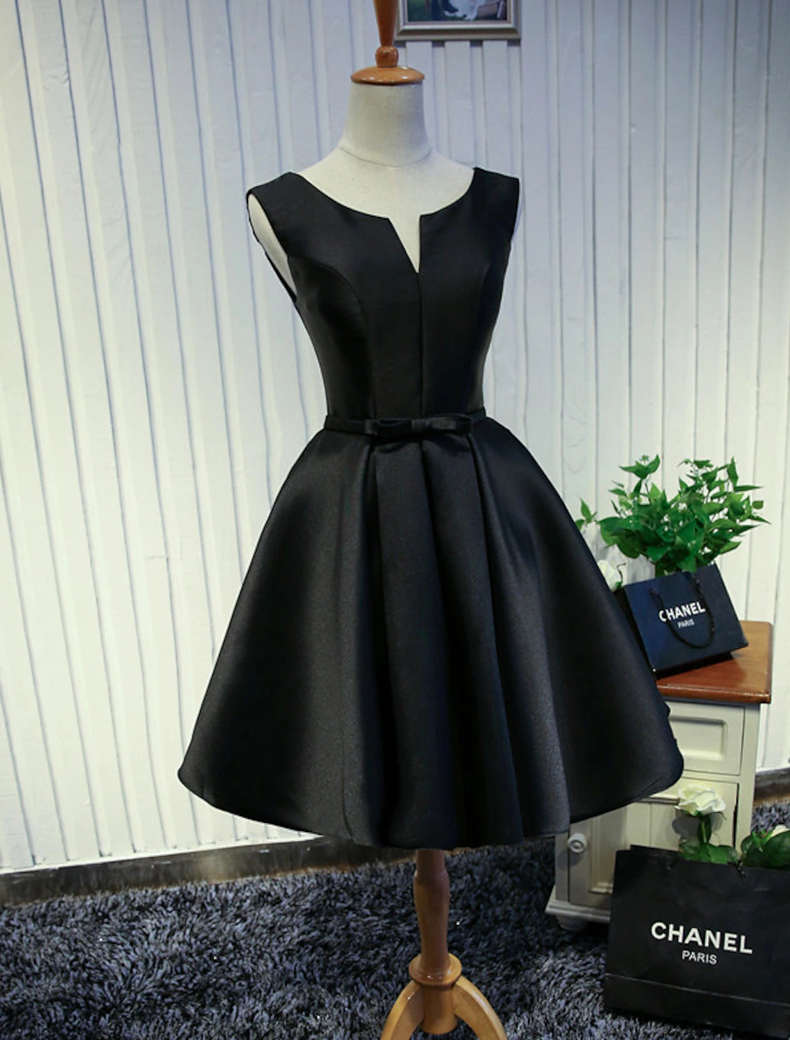 Full view of elegant A-Line satin prom dress.