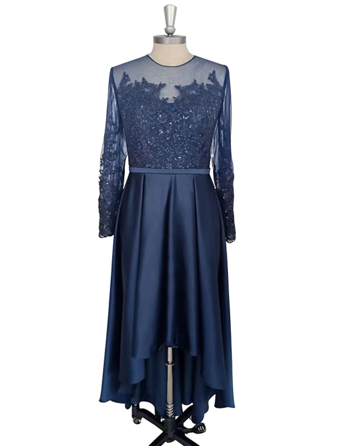 Elegant A-line satin cocktail dress with jewel neck and crystal appliques.