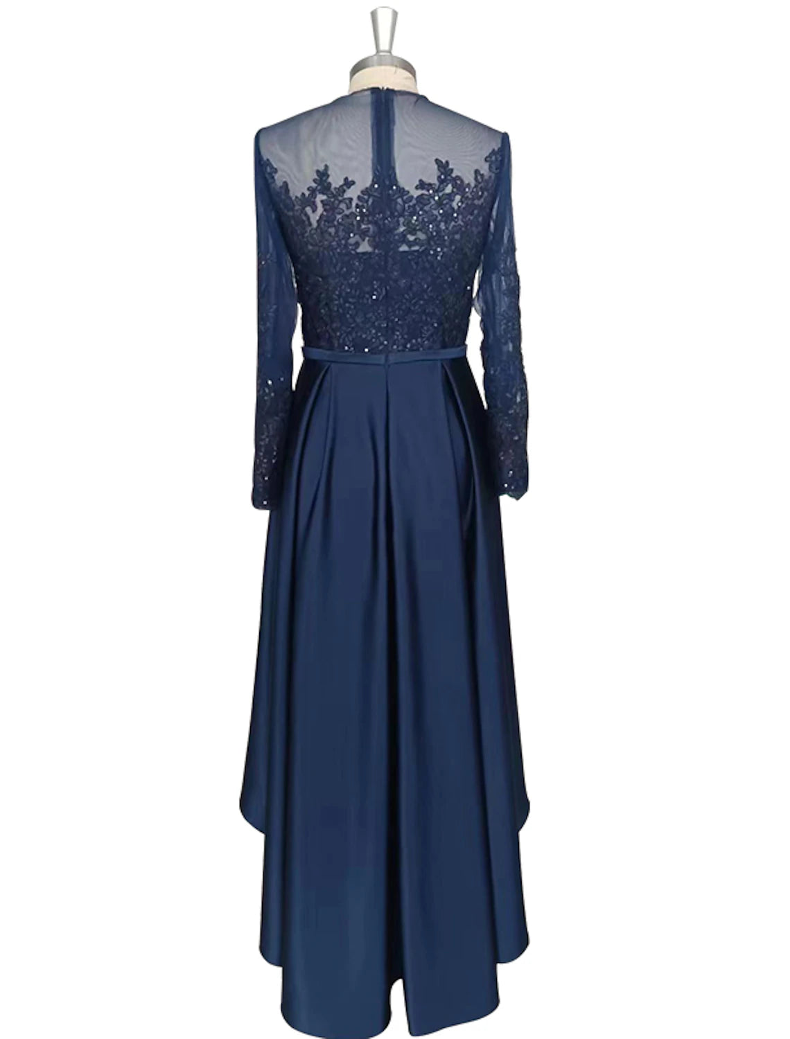 Side view of A-line satin cocktail dress, showcasing fabric and sleeve detail.