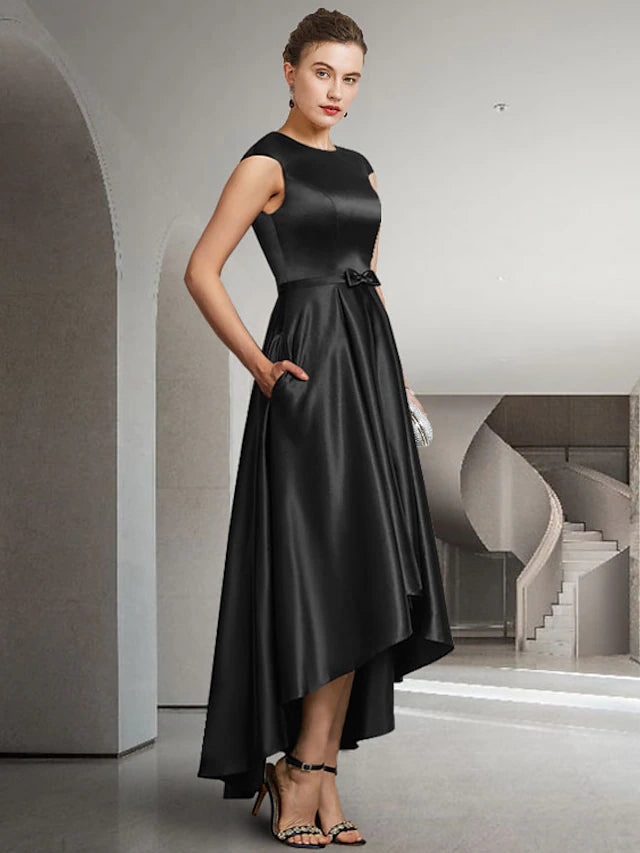 Elegant A-line satin Mother of the Bride dress with jewel neck and high-low hem.