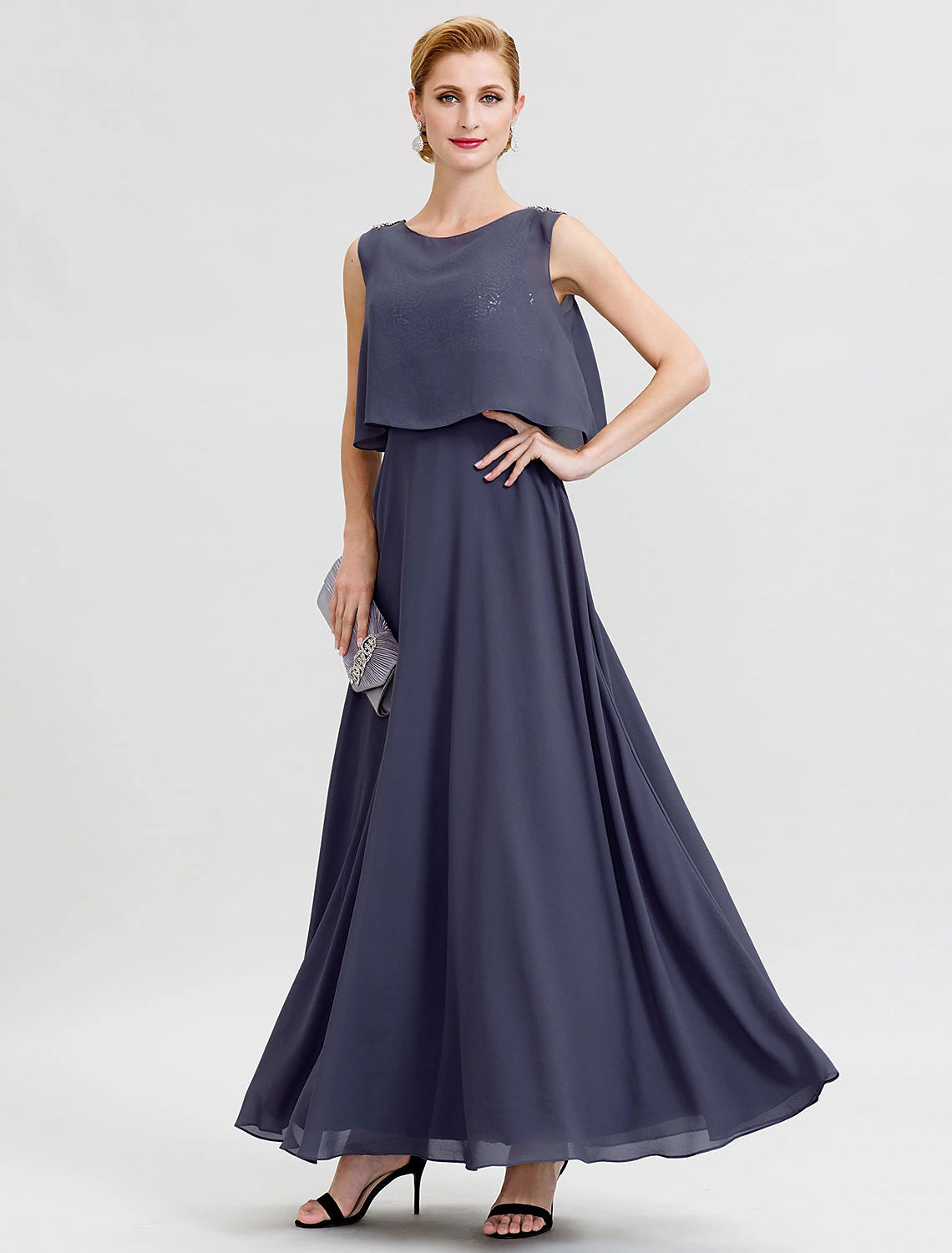 Front view of an elegant A-Line Mother of the Bride dress with a jewel neck.