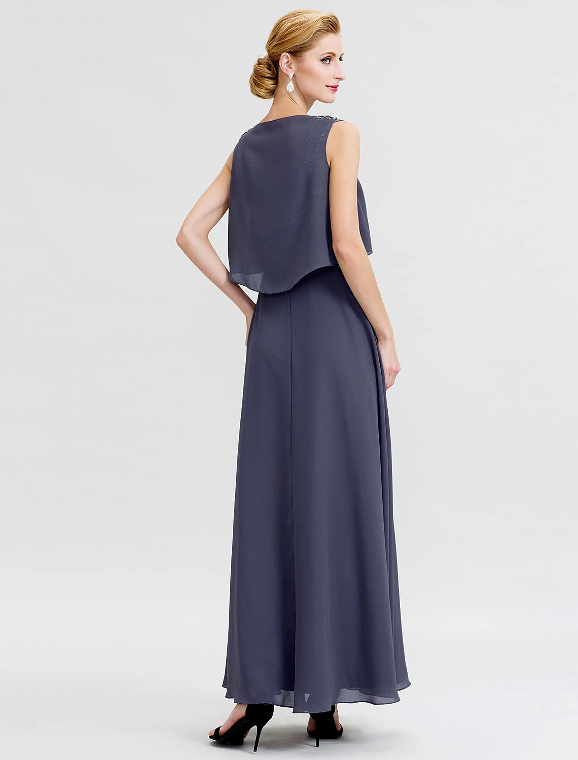 Back view of the A-Line Mother of the Bride dress, highlighting the open back design.