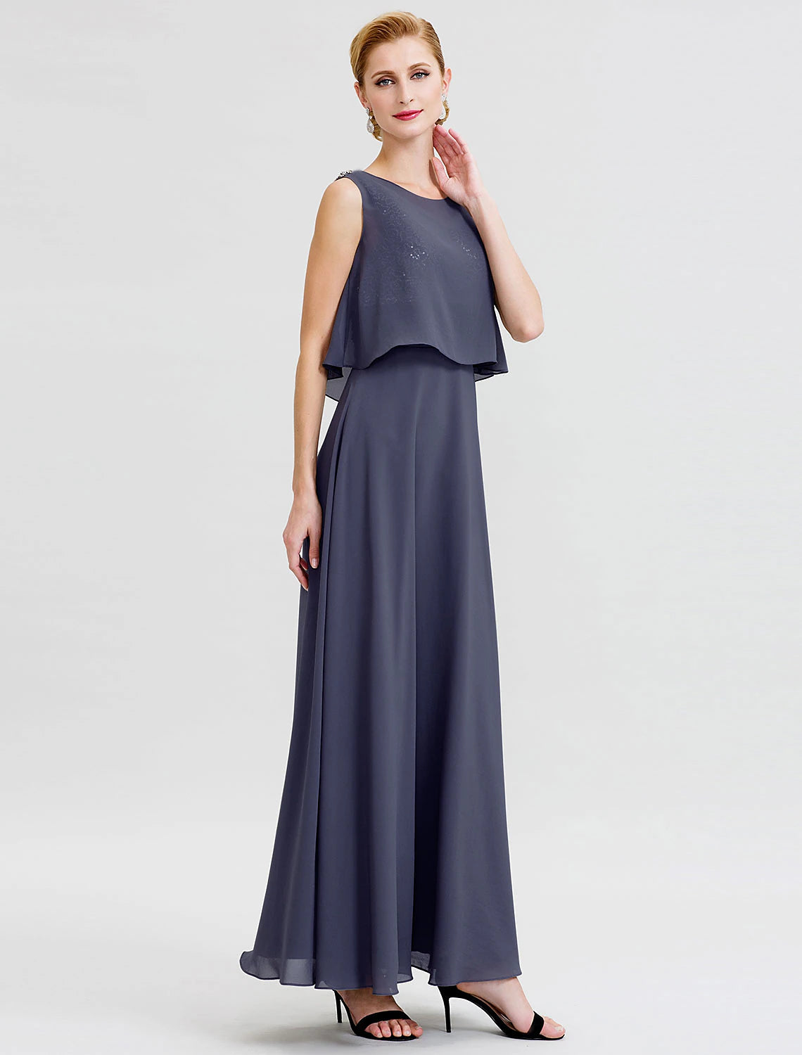 Side profile of the sequined A-Line Mother of the Bride dress with ankle length.
