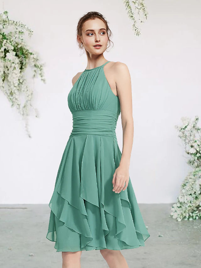 Elegant A-line chiffon bridesmaid dress with a jewel neck and pleats.