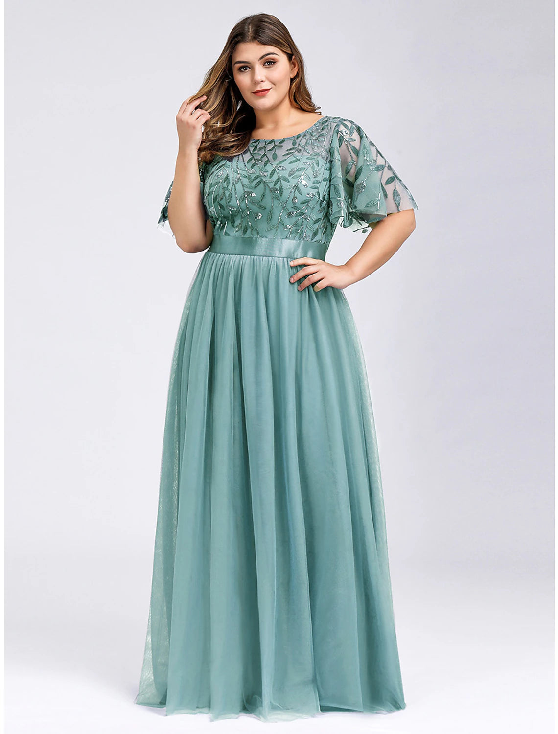 Chiffon A-line dress with appliques, perfect for prom or weddings.