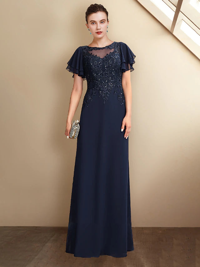 Plus size A-line Mother of the Bride dress with jewel neck, short sleeves, chiffon lace, and sequin appliques, front view.