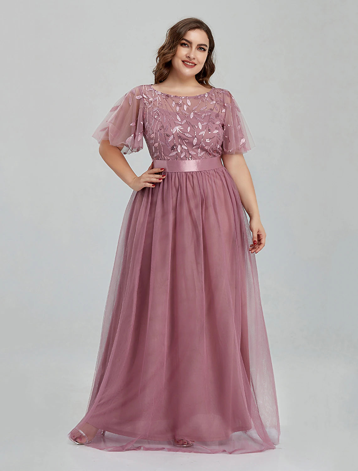 Elegant A-Line floral embroidered tulle prom gown.