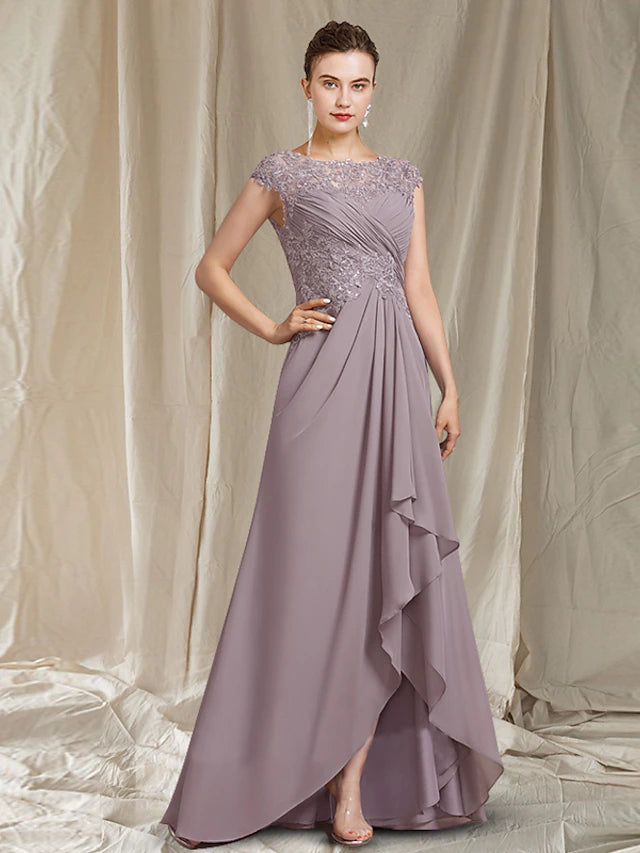 Elegant A-line mother of the bride gown with jewel neck, short sleeves, high-low hem, and sequin appliques.